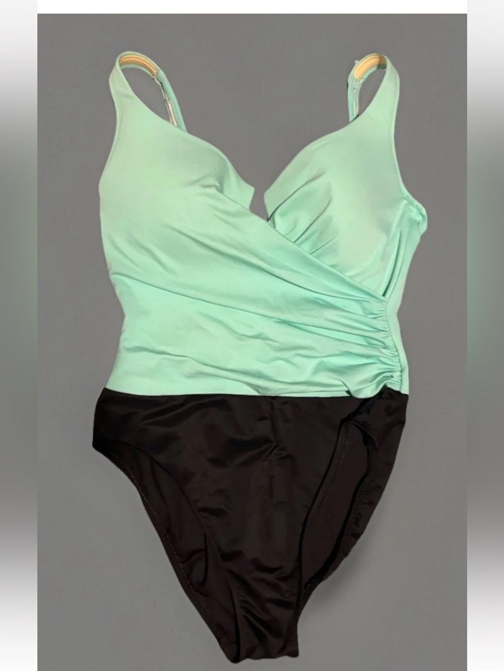 Miraclesuit 1 Piece Swimsuit Aqua Blue Black Ruched Sides Underwire Size 14